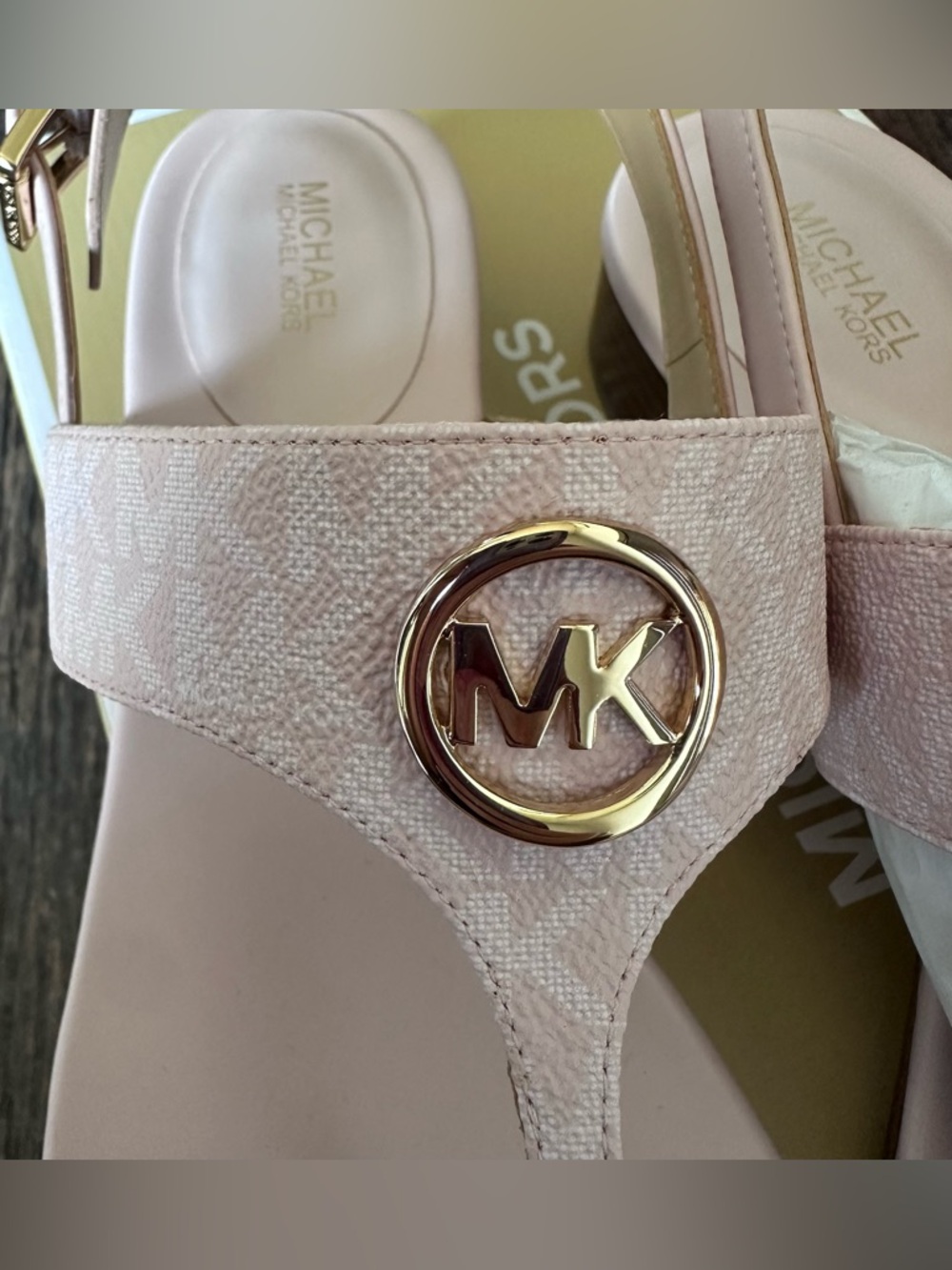 Michael Kors Blush Pink Logo T-Strap Sandals with Gold Accents - Picture 3 of 7